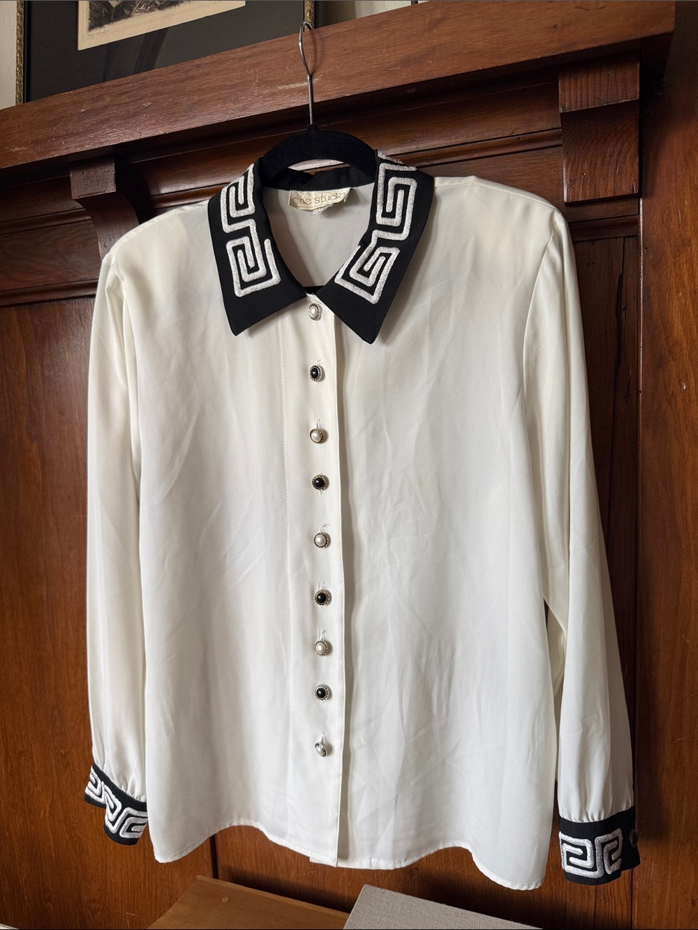 Vintage White Blouse with Black Geometric Greek Spiral Collar